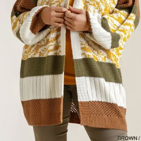Colorblock open front cardigan brown and olive plus size - Picture 2 of 6